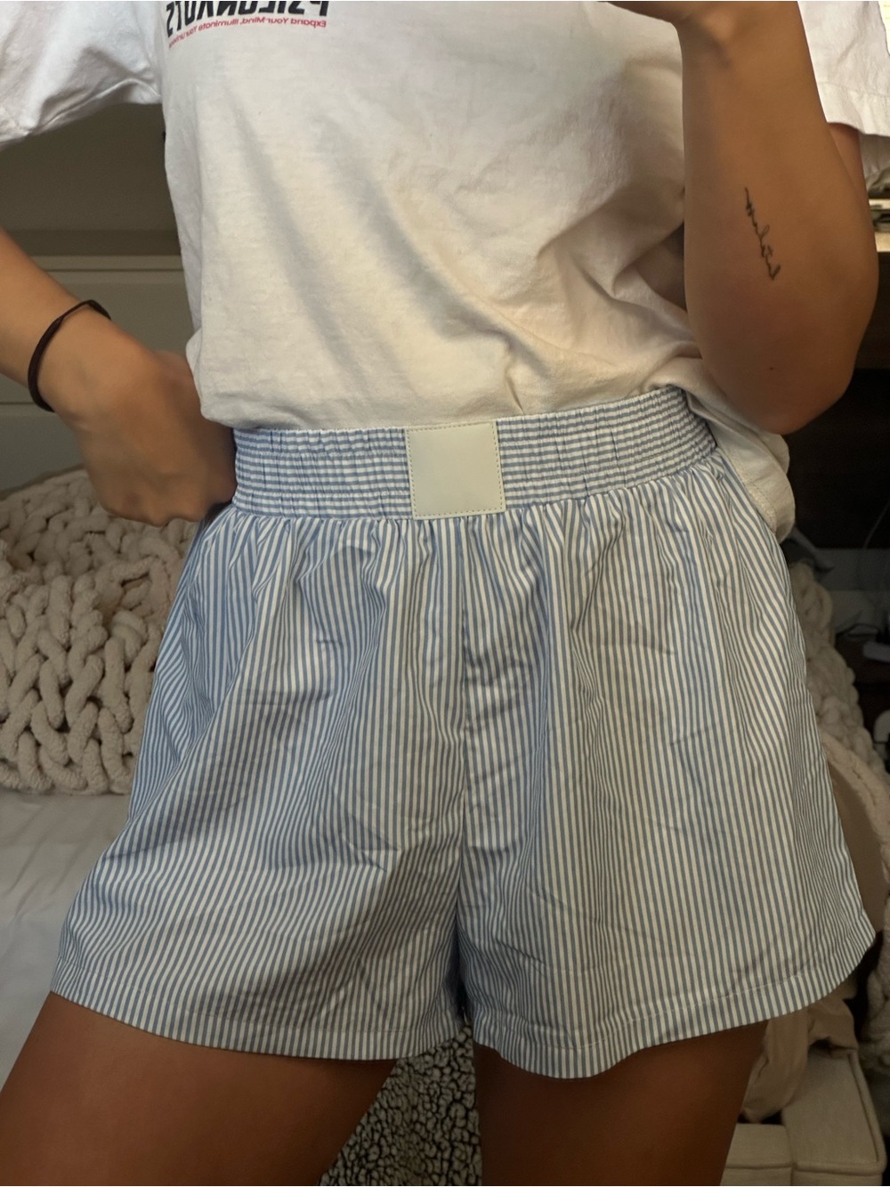 SHEIN Blue and White Pinstripe Elastic-Waist Bermuda Shorts